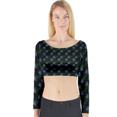 Vintage Blue Roses Black Long Sleeve Crop Top by snowwhitegirl