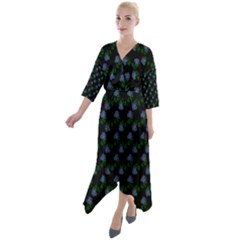 Vintage Blue Roses Black Quarter Sleeve Wrap Front Maxi Dress