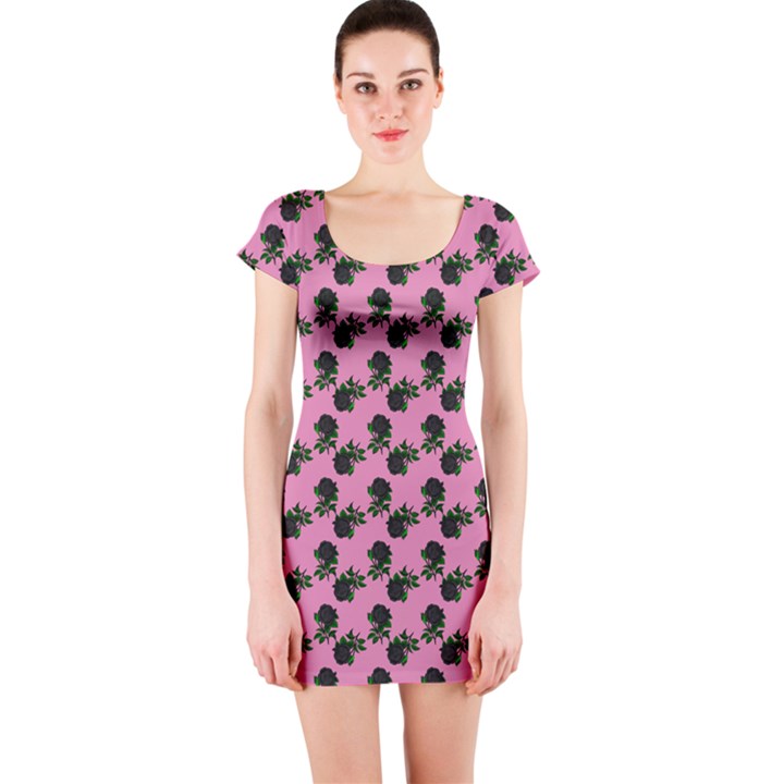 Black Rose Light Pink Short Sleeve Bodycon Dress