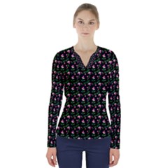 Carnation Pink Black V-neck Long Sleeve Top by snowwhitegirl