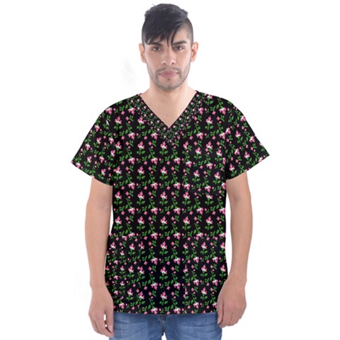 Carnation Pink Black Men s V-neck Scrub Top by snowwhitegirl