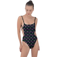 Carnation Pink Black Tie Strap One Piece Swimsuit