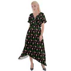 Carnation Pink Black Cross Front Sharkbite Hem Maxi Dress