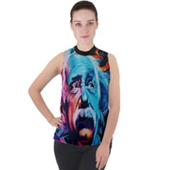 Albert Einstein Retro Wall Graffiti Blue Pink Orange Modern Urban Art Grunge Mock Neck Chiffon Sleeveless Top by snek