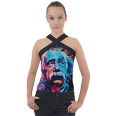 Albert Einstein Retro Wall Graffiti Blue Pink Orange Modern Urban Art Grunge Cross Neck Velour Top by snek