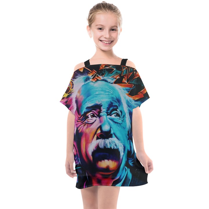 Albert Einstein Retro wall graffiti blue pink orange modern urban art grunge Kids  One Piece Chiffon Dress