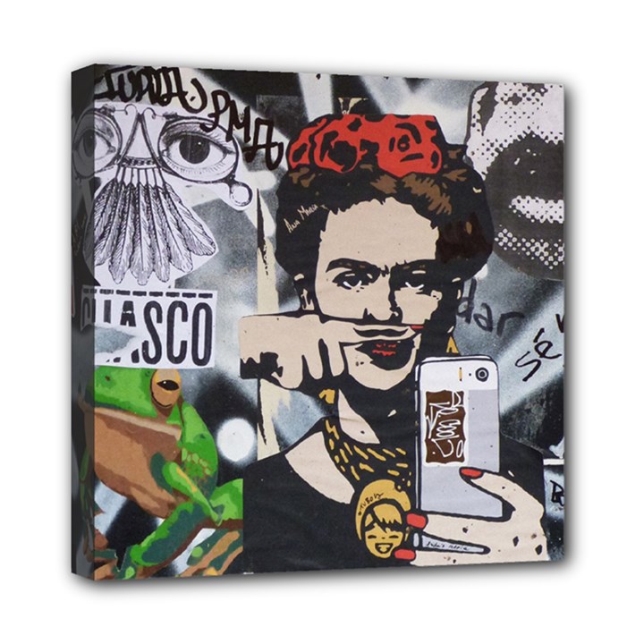 Frida Kahlo brick wall graffiti urban art with grunge eye and frog  Mini Canvas 8  x 8  (Stretched)