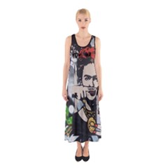 Frida Kahlo Brick Wall Graffiti Urban Art With Grunge Eye And Frog  Sleeveless Maxi Dress by snek