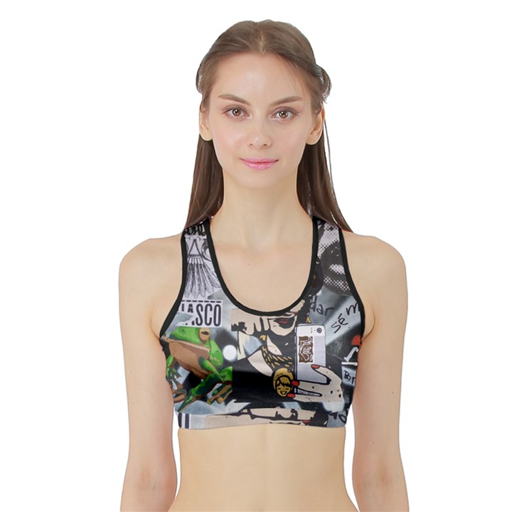 Frida Kahlo brick wall graffiti urban art with grunge eye and frog  Sports Bra with Border