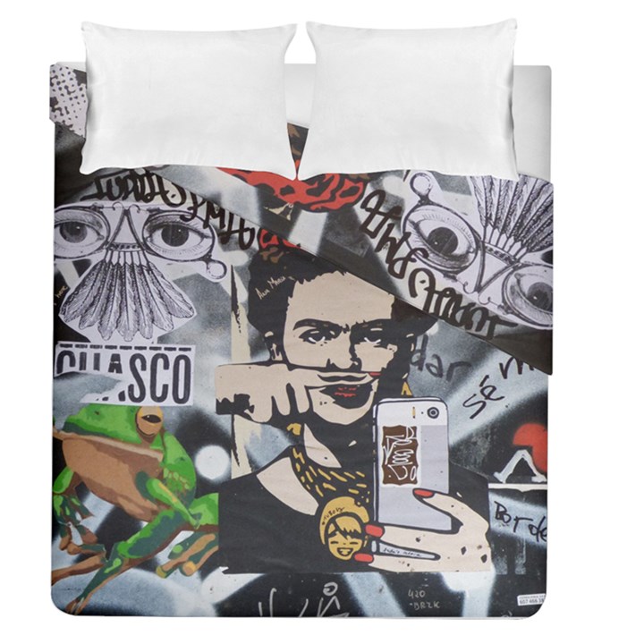 Frida Kahlo brick wall graffiti urban art with grunge eye and frog  Duvet Cover Double Side (Queen Size)