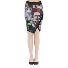 Frida Kahlo Brick Wall Graffiti Urban Art With Grunge Eye And Frog  Midi Wrap Pencil Skirt by snek