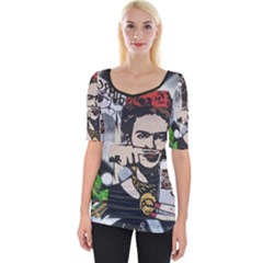 Frida Kahlo Brick Wall Graffiti Urban Art With Grunge Eye And Frog  Wide Neckline Tee