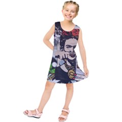 Frida Kahlo Brick Wall Graffiti Urban Art With Grunge Eye And Frog  Kids  Tunic Dress by snek