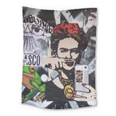 Frida Kahlo Brick Wall Graffiti Urban Art With Grunge Eye And Frog  Medium Tapestry by snek