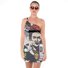 Frida Kahlo Brick Wall Graffiti Urban Art With Grunge Eye And Frog  One Soulder Bodycon Dress by snek