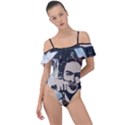 Frida Kahlo brick wall graffiti urban art with grunge eye and frog  Frill Detail One Piece Swimsuit View1