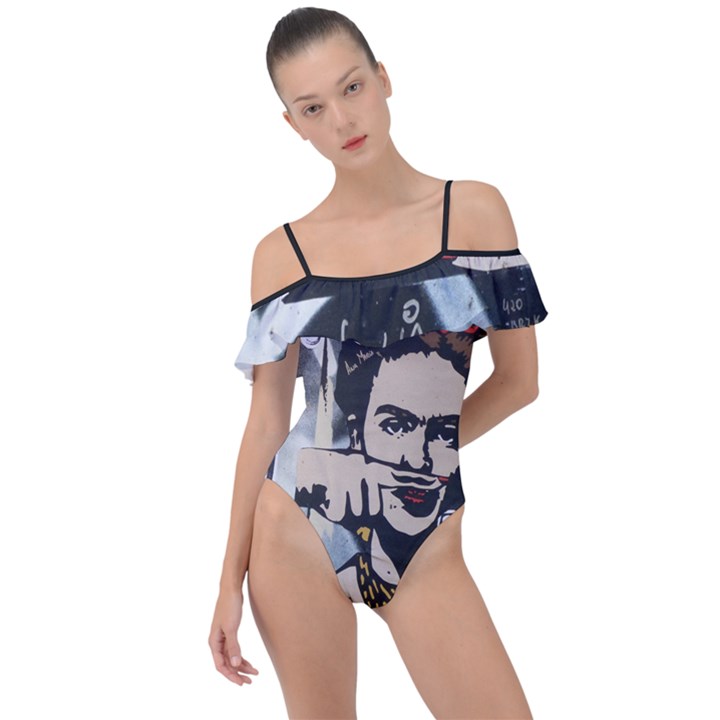 Frida Kahlo brick wall graffiti urban art with grunge eye and frog  Frill Detail One Piece Swimsuit