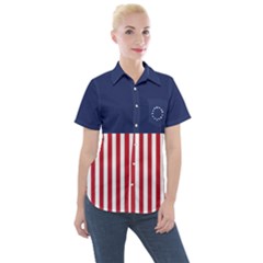 Betsy Ross flag USA America United States 1777 Thirteen Colonies vertical Women s Short Sleeve Pocket Shirt