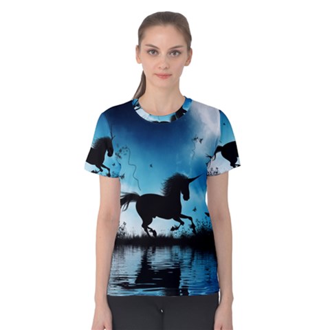 Wonderful Unicorn Silhouette In The Night Women s Cotton Tee by FantasyWorld7