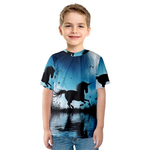 Wonderful Unicorn Silhouette In The Night Kids  Sport Mesh Tee by FantasyWorld7