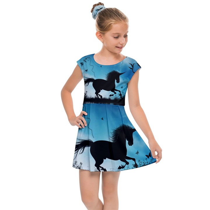 Wonderful Unicorn Silhouette In The Night Kids  Cap Sleeve Dress