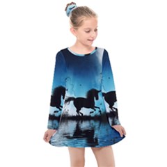 Wonderful Unicorn Silhouette In The Night Kids  Long Sleeve Dress by FantasyWorld7