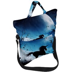 Wonderful Unicorn Silhouette In The Night Fold Over Handle Tote Bag by FantasyWorld7