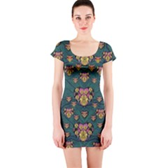 Hearts And Sun Flowers In Decorative Happy Harmony Short Sleeve Bodycon Dress