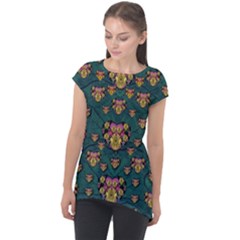 Hearts And Sun Flowers In Decorative Happy Harmony Cap Sleeve High Low Top