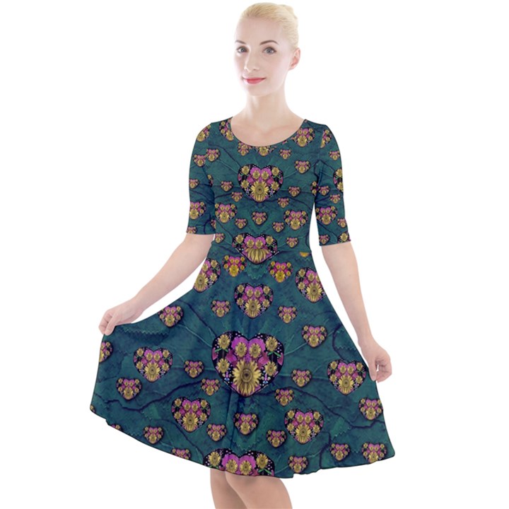 Hearts And Sun Flowers In Decorative Happy Harmony Quarter Sleeve A-Line Dress