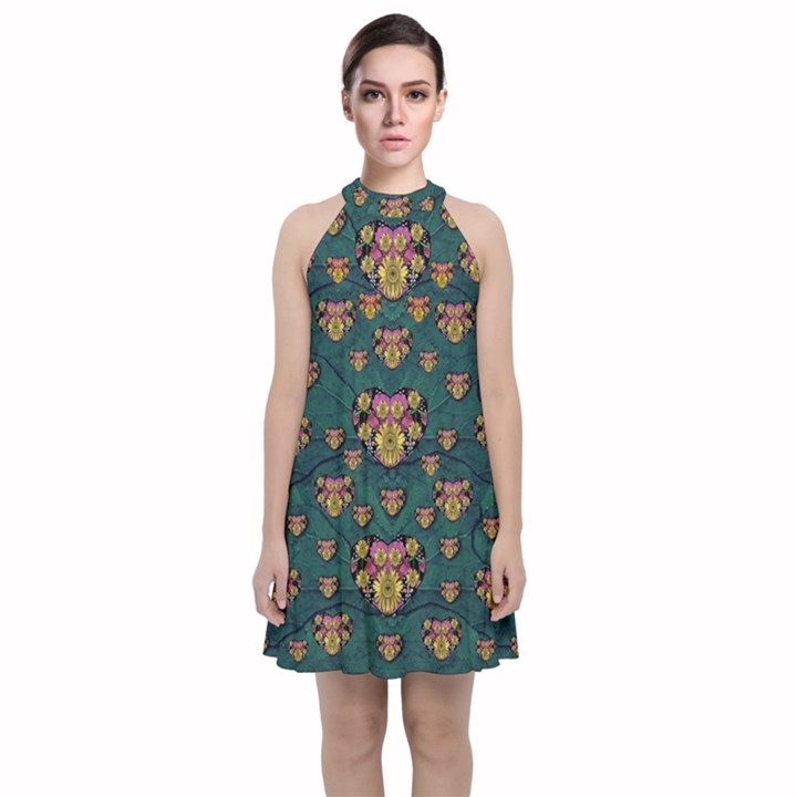 Hearts And Sun Flowers In Decorative Happy Harmony Velvet Halter Neckline Dress 