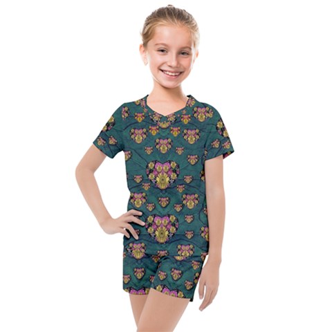 Hearts And Sun Flowers In Decorative Happy Harmony Kids  Mesh Tee And Shorts Set by pepitasart