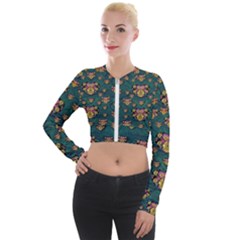 Hearts And Sun Flowers In Decorative Happy Harmony Long Sleeve Cropped Velvet Jacket by pepitasart