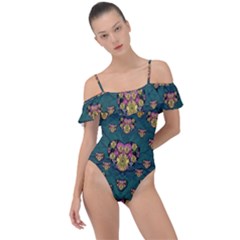 Hearts And Sun Flowers In Decorative Happy Harmony Frill Detail One Piece Swimsuit by pepitasart