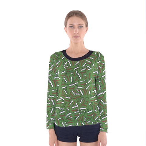 Pepe The Frog Face Pattern Green Kekistan Meme Women s Long Sleeve Tee by snek