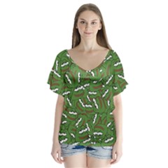 Pepe The Frog Face Pattern Green Kekistan Meme V-neck Flutter Sleeve Top by snek