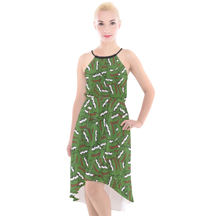 Pepe the Frog Face pattern Green Kekistan meme High-Low Halter Chiffon Dress 