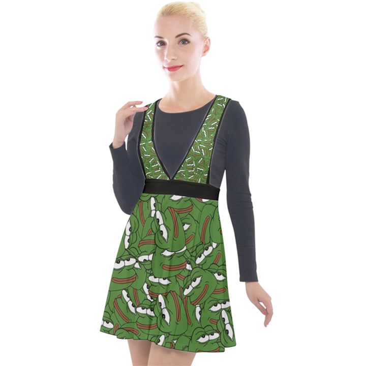 Pepe the Frog Face pattern Green Kekistan meme Plunge Pinafore Velour Dress