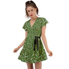 Pepe The Frog Face Pattern Green Kekistan Meme Flutter Sleeve Wrap Dress