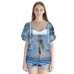 Cute Fairy With Dove V-neck Flutter Sleeve Top by FantasyWorld7