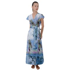 Cute Fairy With Dove Flutter Sleeve Maxi Dress