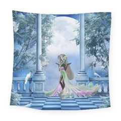 Cute Fairy With Dove Square Tapestry (large) by FantasyWorld7