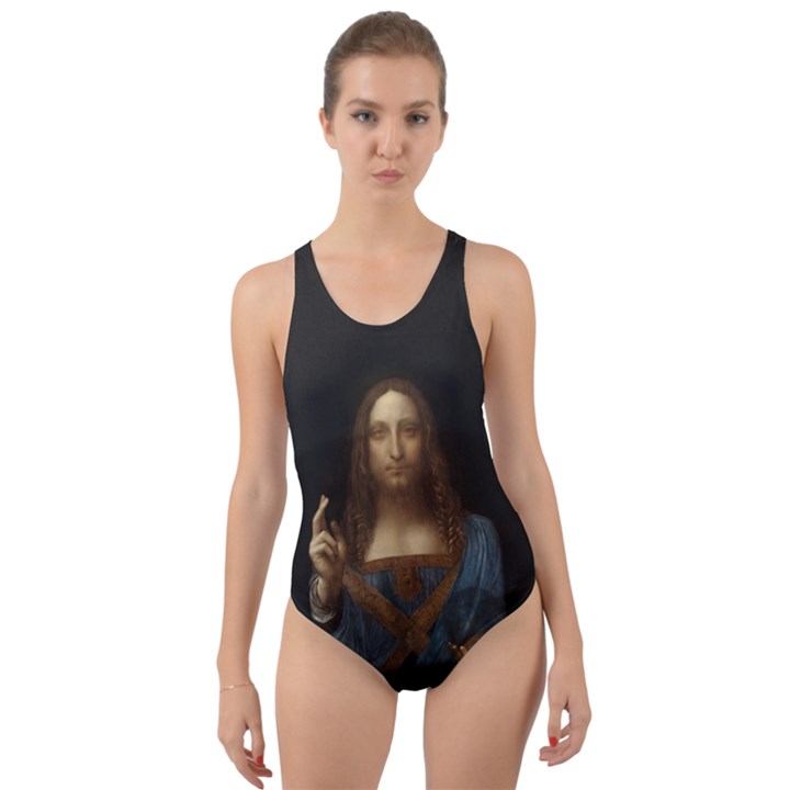 Salvator Mundi Leonardo DaVindi 1500 Jesus Christ Savior of the World Original Paint Most expensive in the world Cut-Out Back One Piece Swimsuit