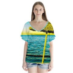 Pop Art Beach Umbrella  V-neck Flutter Sleeve Top by essentialimage