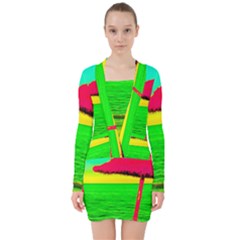 Pop Art Beach Umbrella V-neck Bodycon Long Sleeve Dress