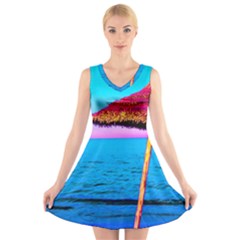 Pop Art Beach Umbrella  V-neck Sleeveless Dress by essentialimage