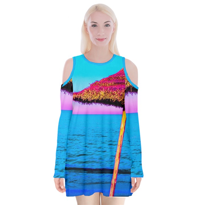 Pop Art Beach Umbrella  Velvet Long Sleeve Shoulder Cutout Dress