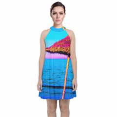 Pop Art Beach Umbrella  Velvet Halter Neckline Dress 