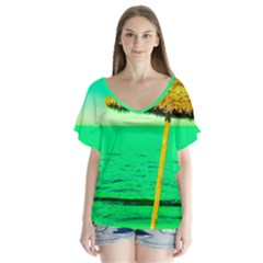 Pop Art Beach Umbrella  V-neck Flutter Sleeve Top by essentialimage