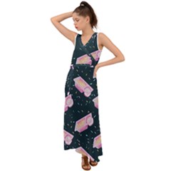 Dunkaroos Funfetti Print Dark Blue 1 V-neck Chiffon Maxi Dress